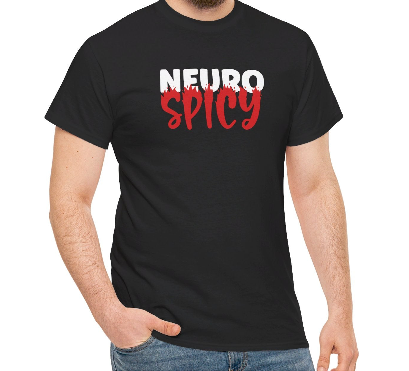 Model wearing a black T-shirt with "Neuro Spicy" text in bold white and red. Part of the Vivid Divergence Sensory Friendly Unisex Tees Range.