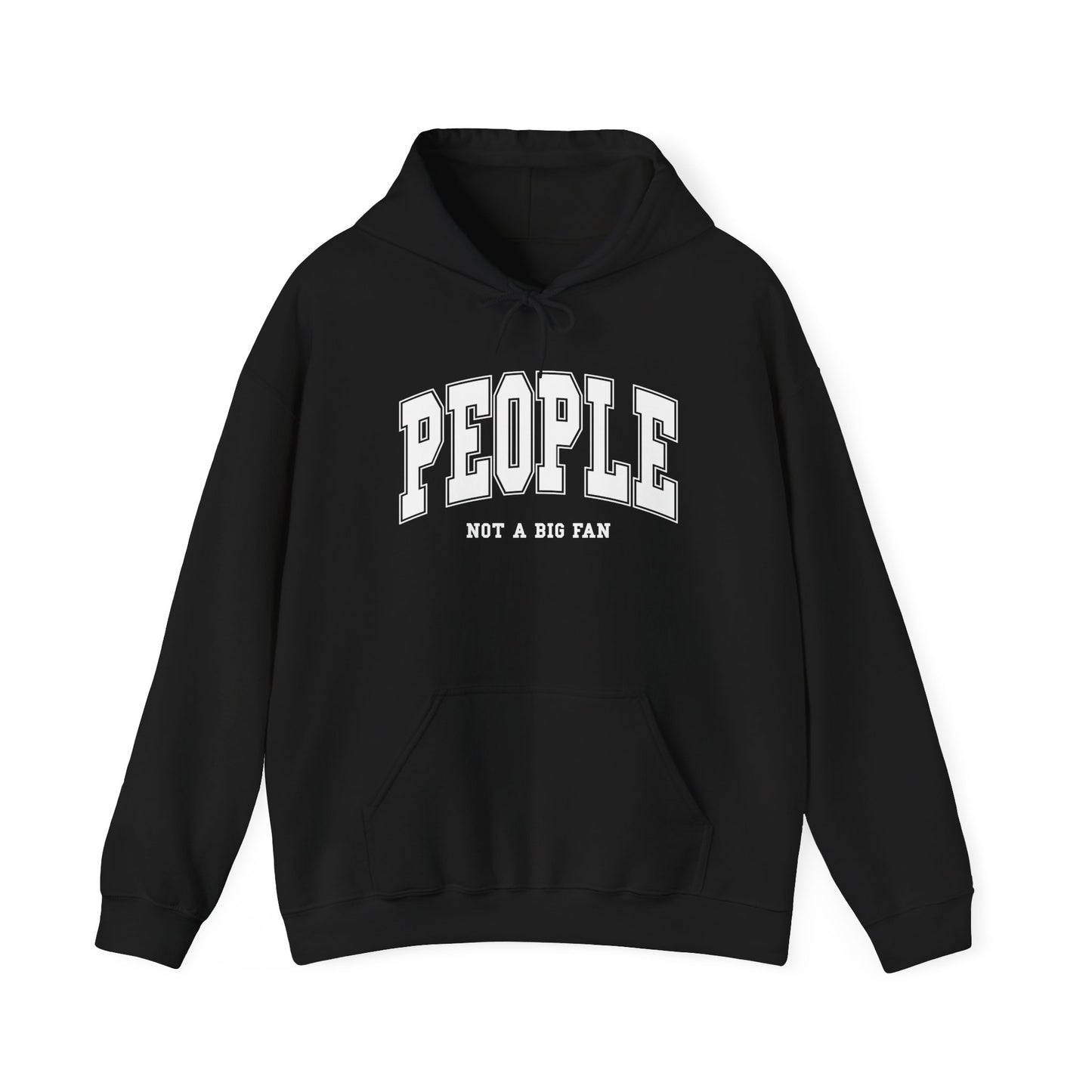 Front view of a black hoodie featuring the text "People, Not a Big Fan" in bold collegiate-style white lettering. Part of the Vivid Divergence Sensory Friendly Unisex Hoodie Range.
