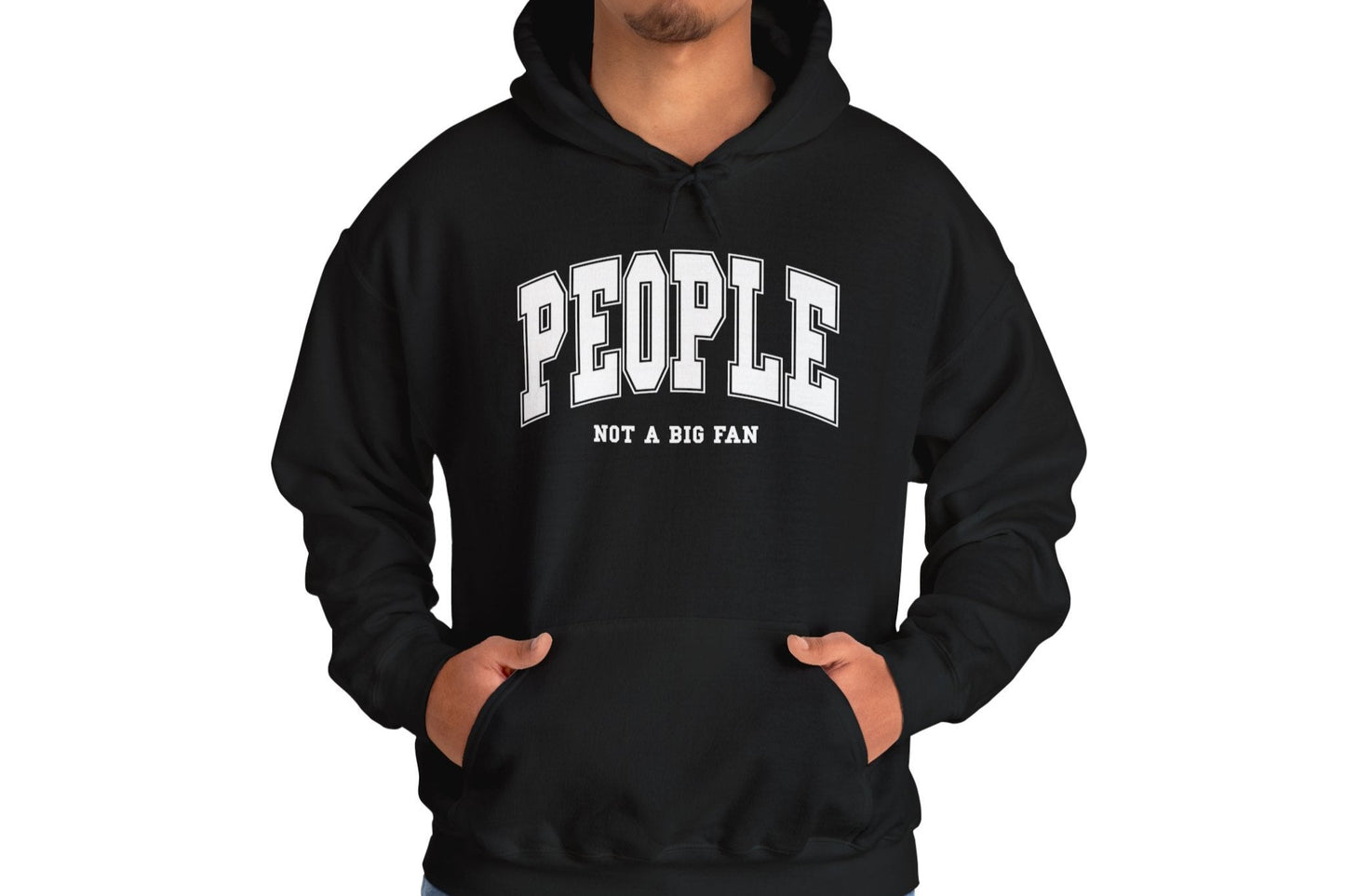 Model wearing a black hoodie featuring the text "People, Not a Big Fan" in bold collegiate-style white lettering. Part of the Vivid Divergence Sensory Friendly Unisex Hoodie Range.