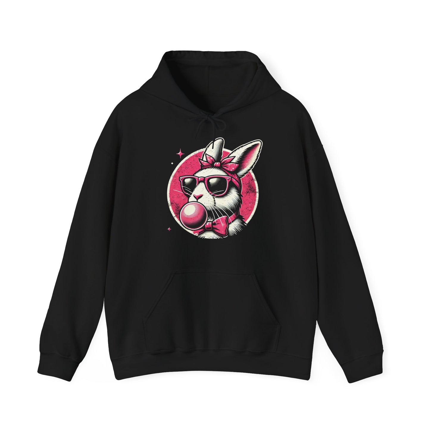 Front view of black hoodie with retro bubblegum-blowing bunny graphic. Part of the Vivid Divergence Sensory Friendly Unisex Hoodies Range.