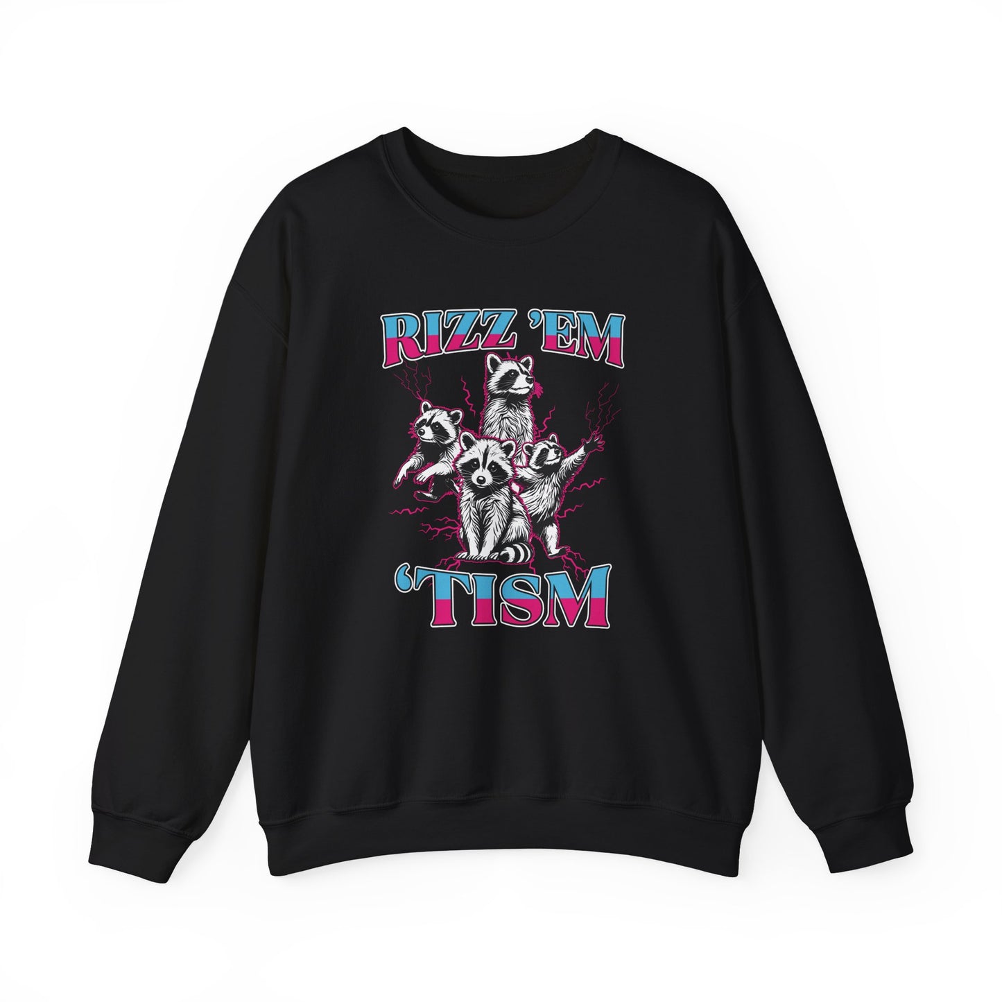 Front view of a black sweater jumper with the text "Rizz 'Em 'Tism" and a cartoon raccoon illustration striking a pose. Part of the Vivid Divergence Sensory Friendly Unisex Sweater Jumper Range.