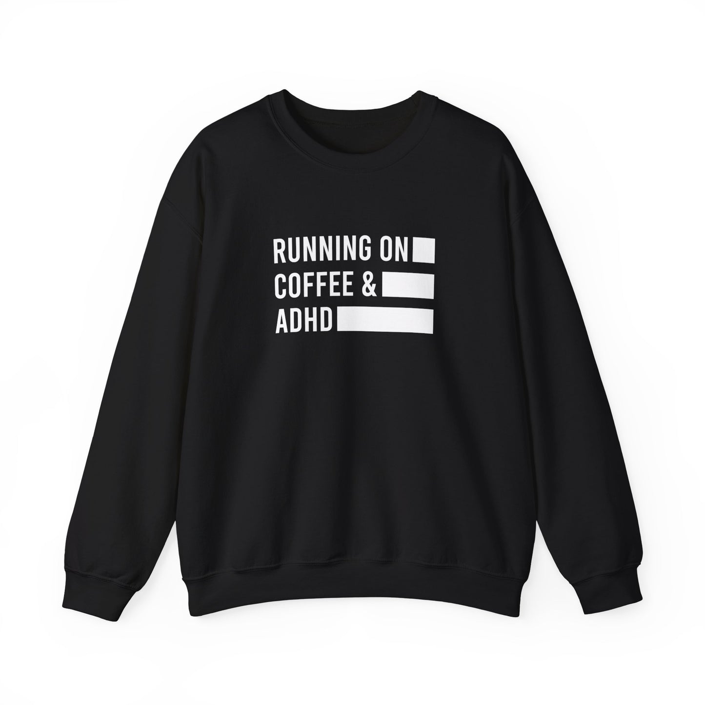 Front view of a black sweater jumper with the text "Running on Coffee & ADHD" in bold white lettering and a battery graphic. Part of the Vivid Divergence Sensory Friendly Unisex Sweater Jumper Range.