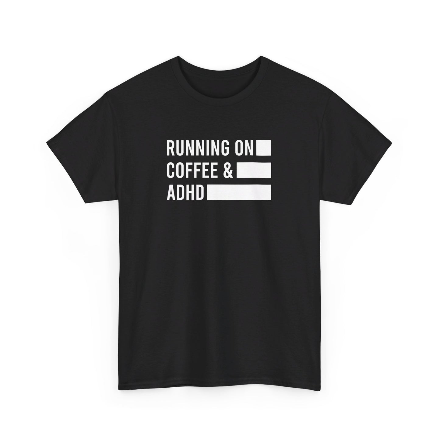 Front view of a black T-shirt with "Running on Coffee & ADHD" in bold white text. Part of the Vivid Divergence Sensory Friendly Unisex Tees Range.