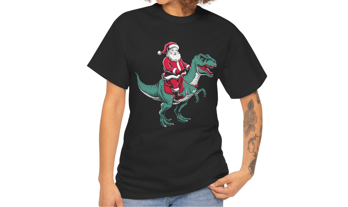 Model wearing a black T-shirt with a fun Christmas-themed illustration of Santa riding a dinosaur. Part of the Vivid Divergence Sensory Friendly Unisex Tees Range.