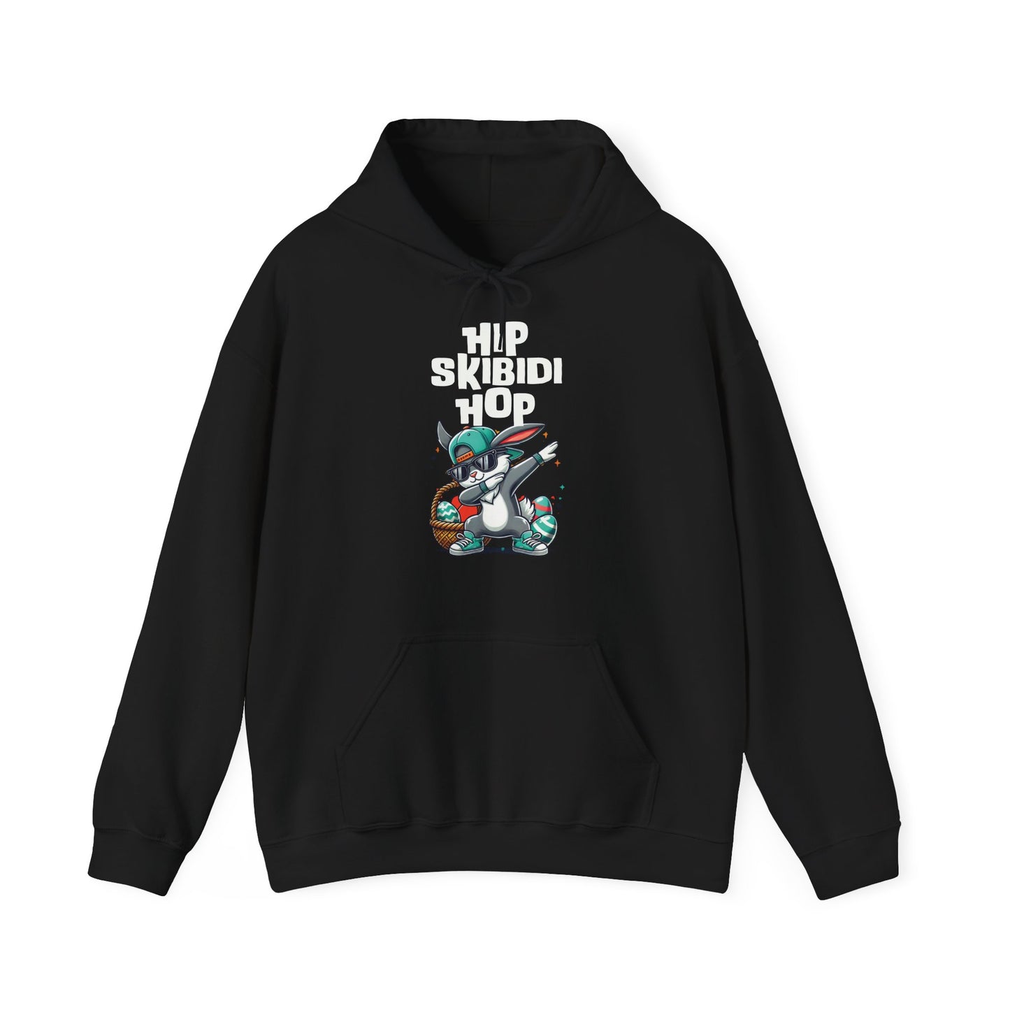 Front view of black hoodie featuring dab bunny with Skibidi Easter graphic. Part of the Vivid Divergence Sensory Friendly Unisex Hoodies Range.