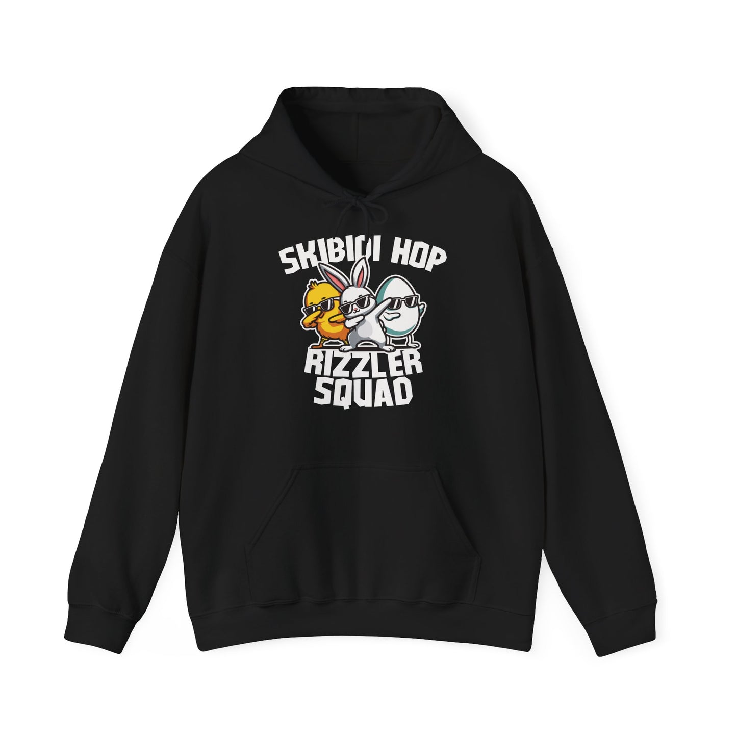 Front view of black hoodie with bold Skibidi Rizzler Squad Easter graphic. Part of the Vivid Divergence Sensory Friendly Unisex Hoodies Range.