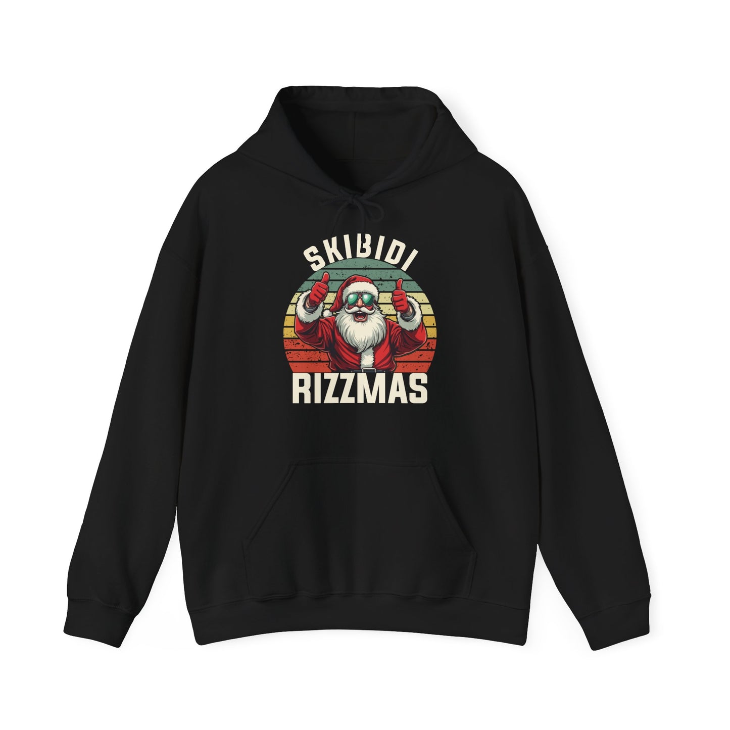 Front view of a black hoodie featuring a Skibidi Rizzmas retro Christmas design with festive elements. Part of the Vivid Divergence Sensory Friendly Unisex Hoodies Range.