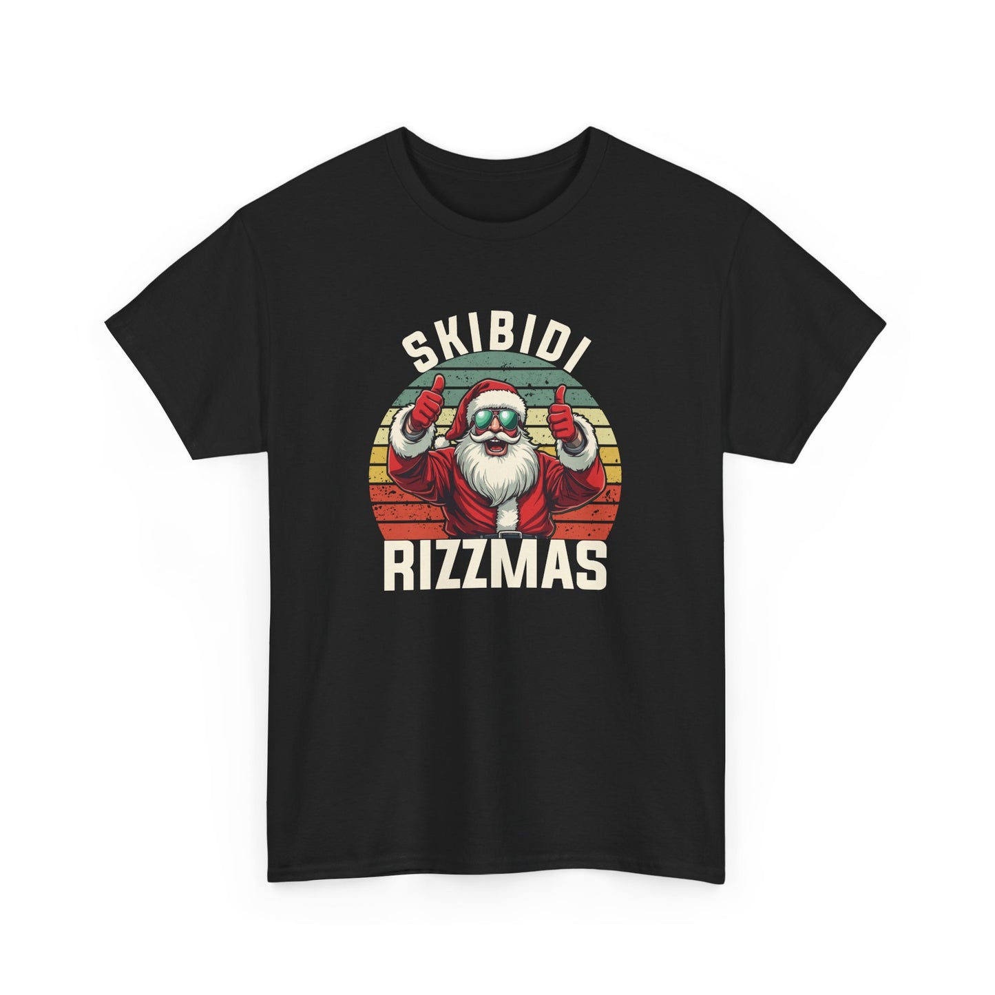 Front view of a black T-shirt featuring a Skibidi Rizzmas retro Christmas design. Part of the Vivid Divergence Sensory Friendly Unisex Tees Range.