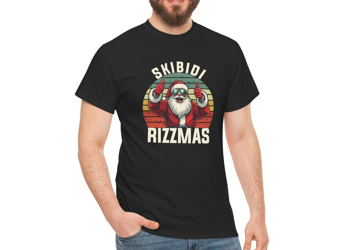 Model wearing a black T-shirt with a festive Skibidi Rizzmas holiday-themed design in vintage style. Part of the Vivid Divergence Sensory Friendly Unisex Tees Range.