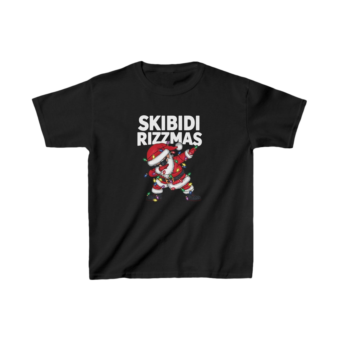Black kids' T-shirt displaying a dabbing Santa and "Skibidi Rizzmas" text. Part of the Vivid Divergence Sensory Friendly Unisex Tees Range.