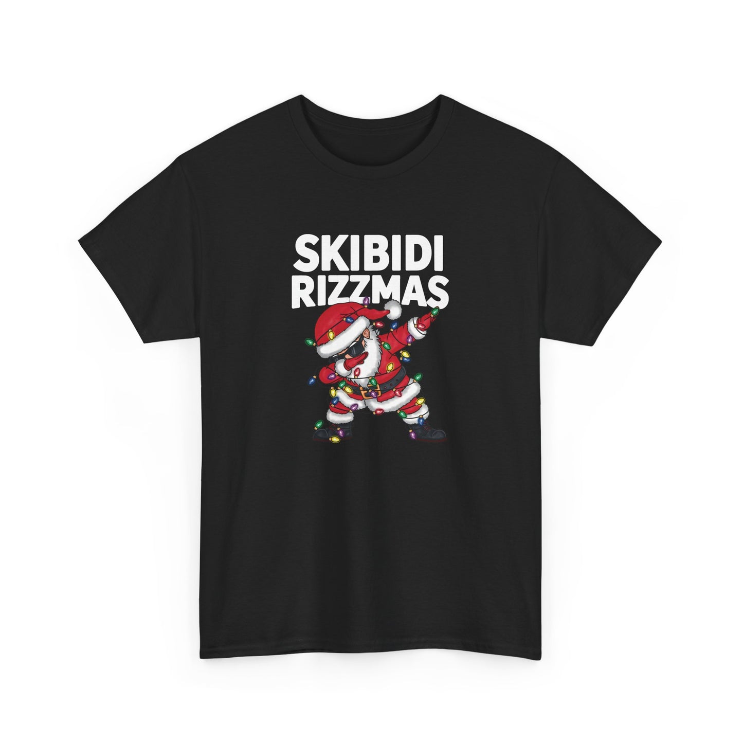 Black T-shirt featuring a dabbing Santa with "Skibidi Rizzmas" text. Part of the Vivid Divergence Sensory Friendly Unisex Tees Range.