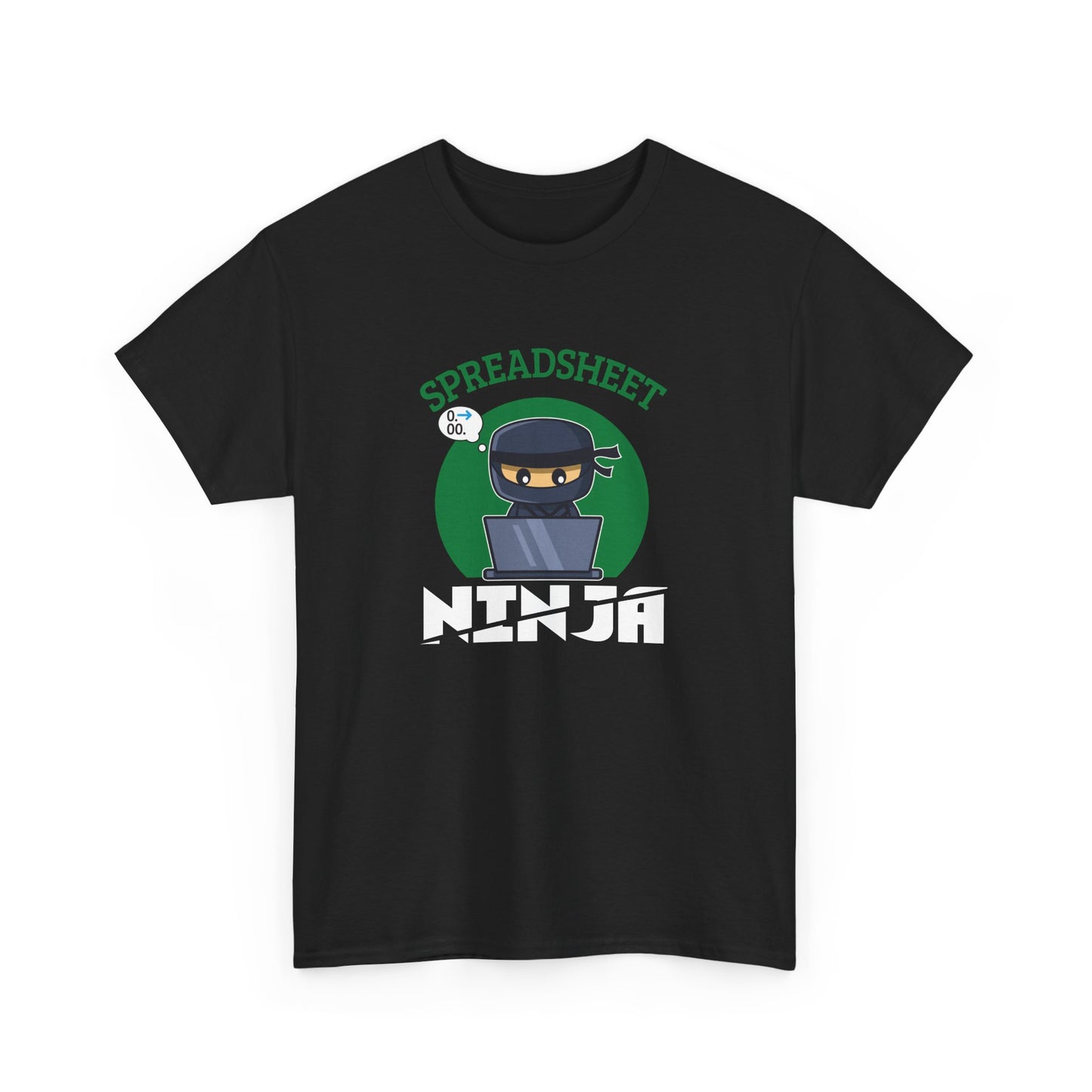 Front view of a black T-shirt featuring a "Spreadsheet Ninja" design with a ninja character and spreadsheet icon. Part of the Vivid Divergence Sensory Friendly Unisex Tees Range.