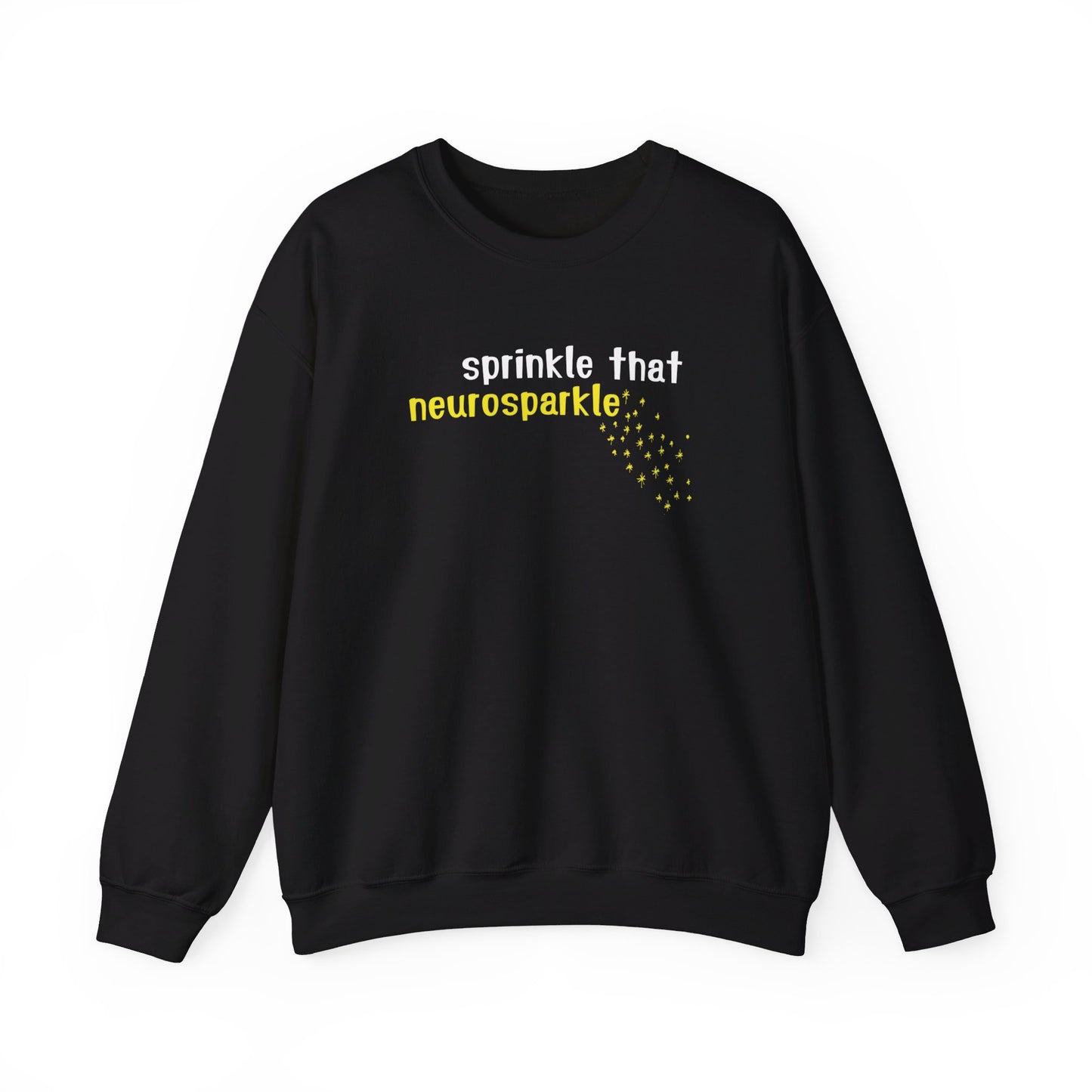 Front view of a black sweater jumper with the text "Sprinkle That Neurosparkle" in yellow and white lettering, surrounded by sparkling star graphics. Part of the Vivid Divergence Sensory Friendly Unisex Sweater Jumper Range.