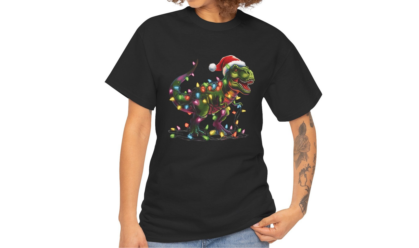 Model wearing a black T-shirt featuring a holiday T-Rex wrapped in Christmas lights with a Santa hat. Part of the Vivid Divergence Sensory Friendly Unisex Tees Range.