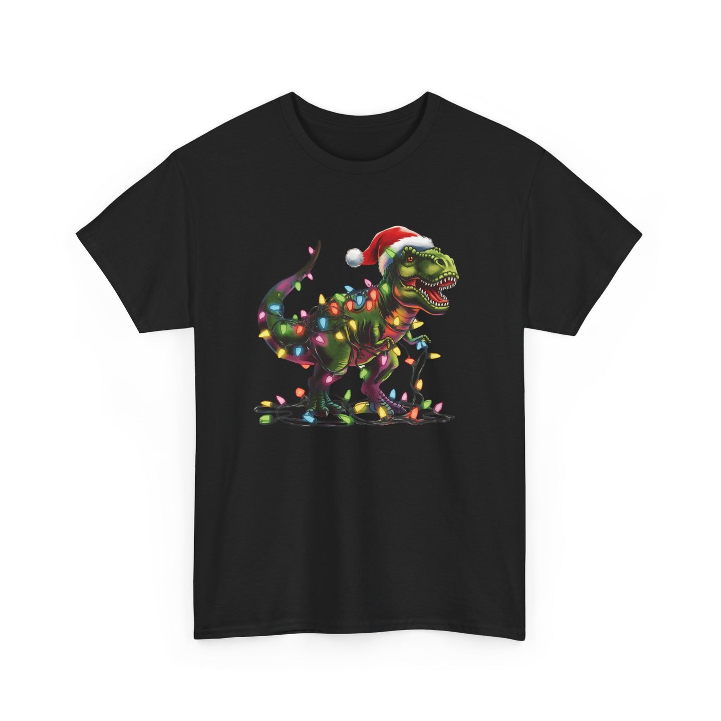 Black T-shirt with a festive T-Rex tangled in Christmas lights, wearing a Santa hat. Part of the Vivid Divergence Sensory Friendly Unisex Tees Range.