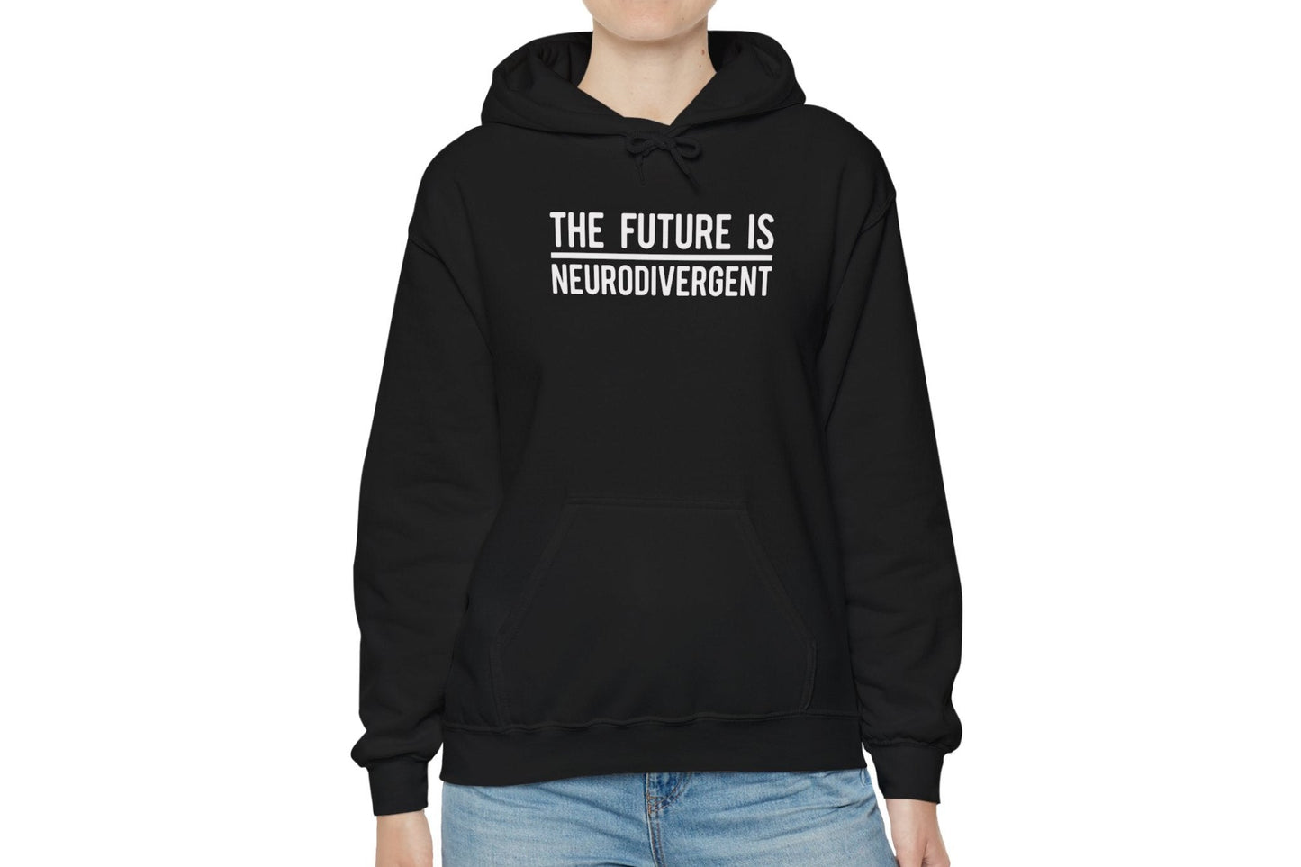 Model wearing a black hoodie featuring the text "The Future is Neurodivergent" in bold white lettering. Part of the Vivid Divergence Sensory Friendly Unisex Hoodie Range.