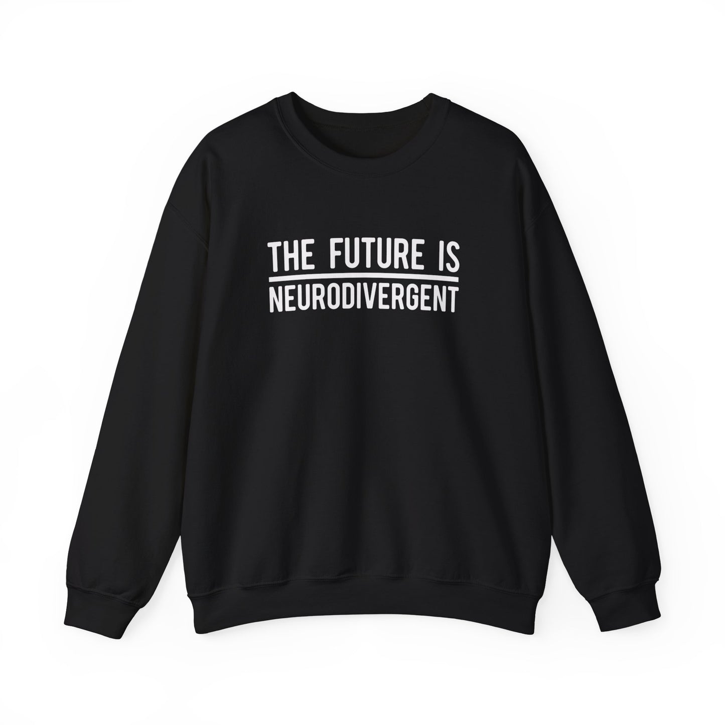 Front view of a black sweater jumper with the text "The Future is Neurodivergent" in bold white lettering. Part of the Vivid Divergence Sensory Friendly Unisex Sweater Jumper Range.