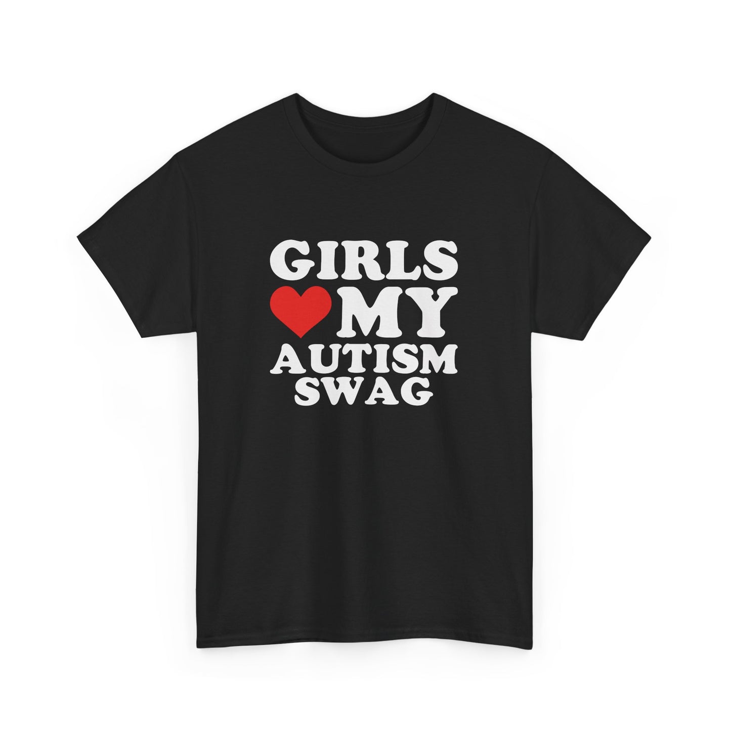 Front view of a black T-shirt with the text "Girls Love My Autism Swag" featuring a red heart design. Part of the Vivid Divergence Sensory Friendly Unisex Tees Range.