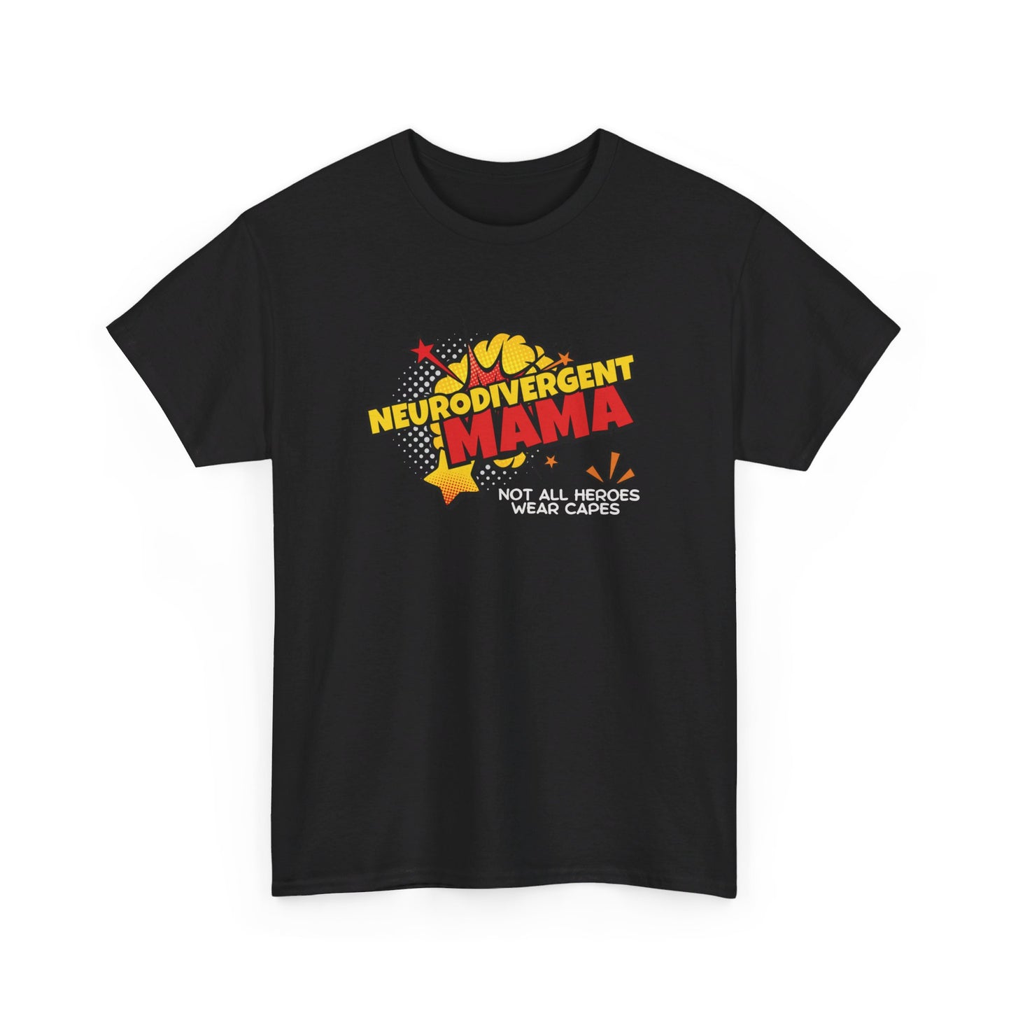 Front view of a black T-shirt with a superhero-style design featuring the text "Neurodivergent Mama" and "Not All Heroes Wear Capes" with star graphics. Part of the Vivid Divergence Sensory Friendly Unisex Tees Range.
