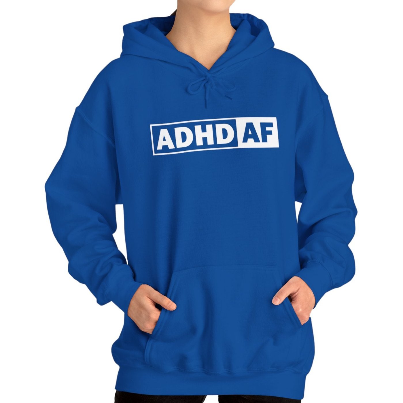 Model wearing a blue hoodie with the text "ADHD AF" in bold white lettering inside a rectangular border. Part of the Vivid Divergence Sensory Friendly Unisex Hoodie Range.