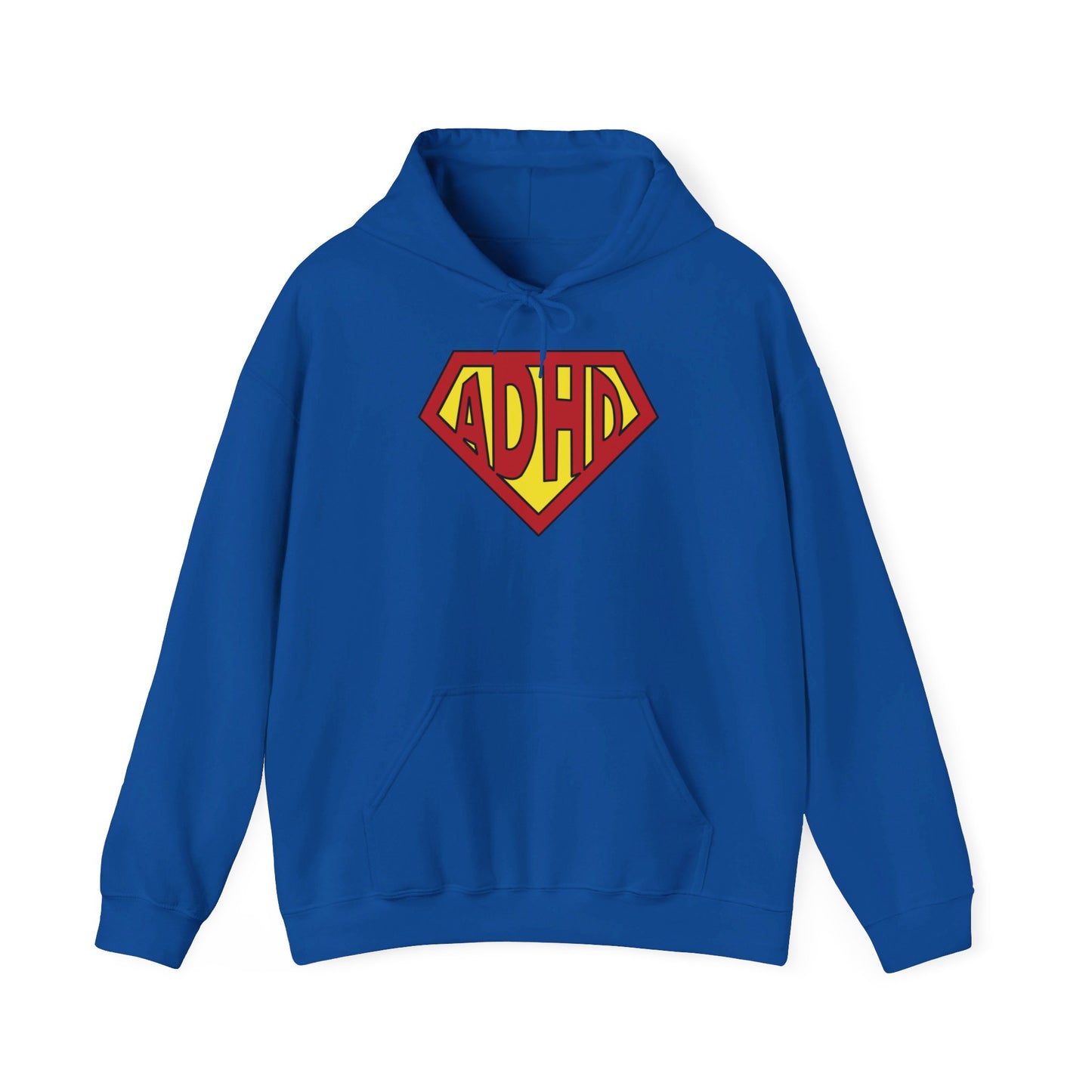Front view of a blue hoodie featuring the text "ADHD" inside a Superman-style red and yellow shield design. Part of the Vivid Divergence Sensory Friendly Unisex Hoodie Range.