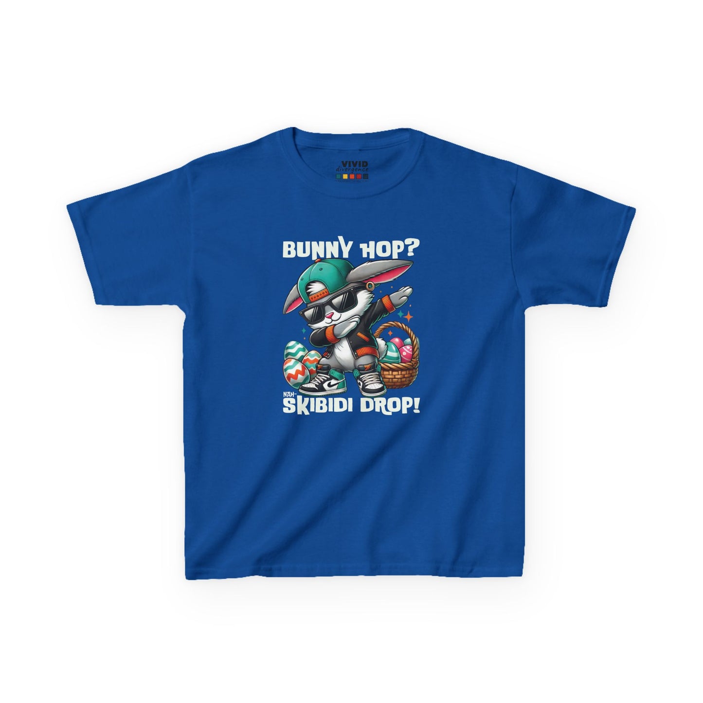 Blue kids' T-shirt with skibidi Easter bunny and bold holiday text. A fun, bold shirt radiating skibidi sigma rizz energy for Easter. Hop into the season in style and shop Easter shirts online today!