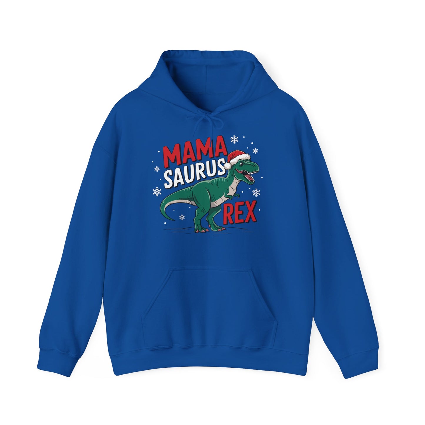 Front view of a blue hoodie featuring a "Mama-Saurus Rex" design with a festive dinosaur illustration. Part of the Vivid Divergence Sensory Friendly Unisex Hoodie Range.