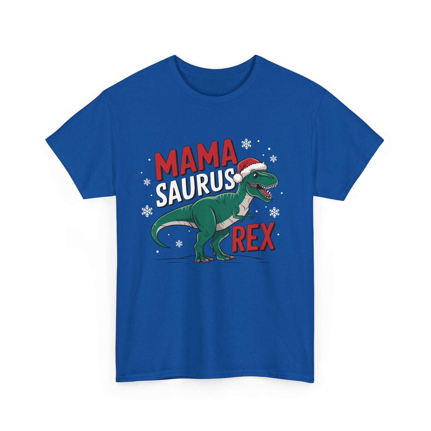 Front view of a blue T-shirt featuring a "Mama-Saurus Rex" design with a festive dinosaur illustration. Part of the Vivid Divergence Sensory Friendly Unisex Tees Range.
