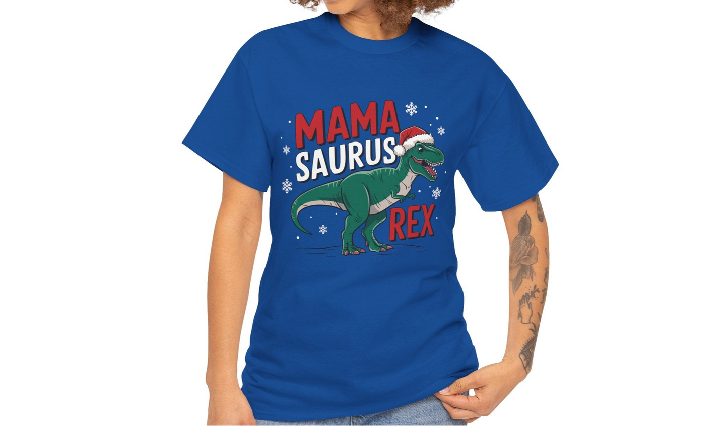 Model wearing a blue T-shirt featuring a "Mama-Saurus Rex" design with a festive dinosaur illustration, styled casually. Part of the Vivid Divergence Sensory Friendly Unisex Tees Range.