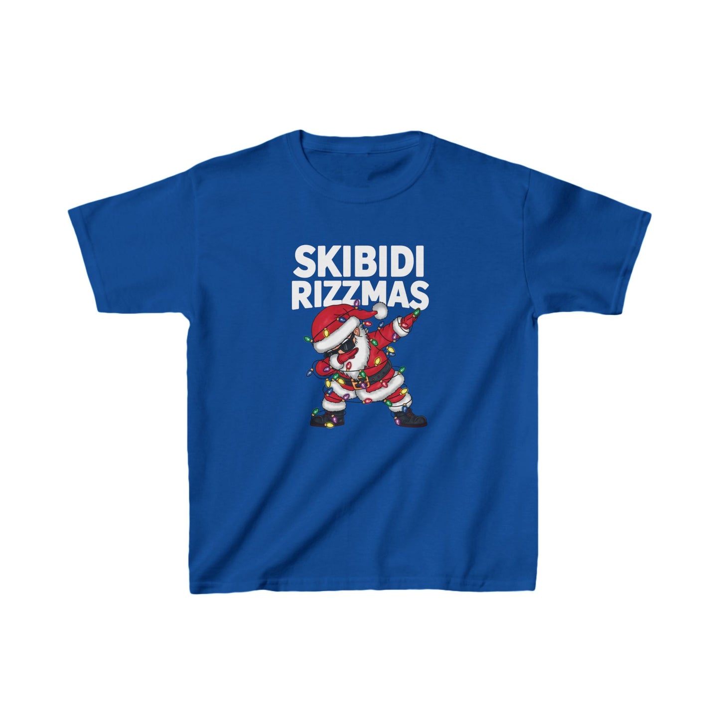 Blue kids' T-shirt featuring a dabbing Santa with "Skibidi Rizzmas" text. Part of the Vivid Divergence Sensory Friendly Unisex Tees Range.