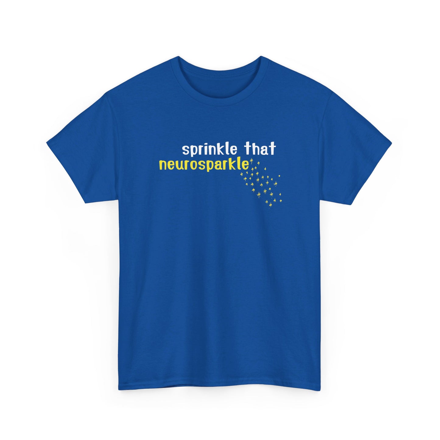 Front view of a blue T-shirt with "Sprinkle That Neurosparkle" in bold yellow and white text, featuring a sprinkle graphic. Part of the Vivid Divergence Sensory Friendly Unisex Tees Range.