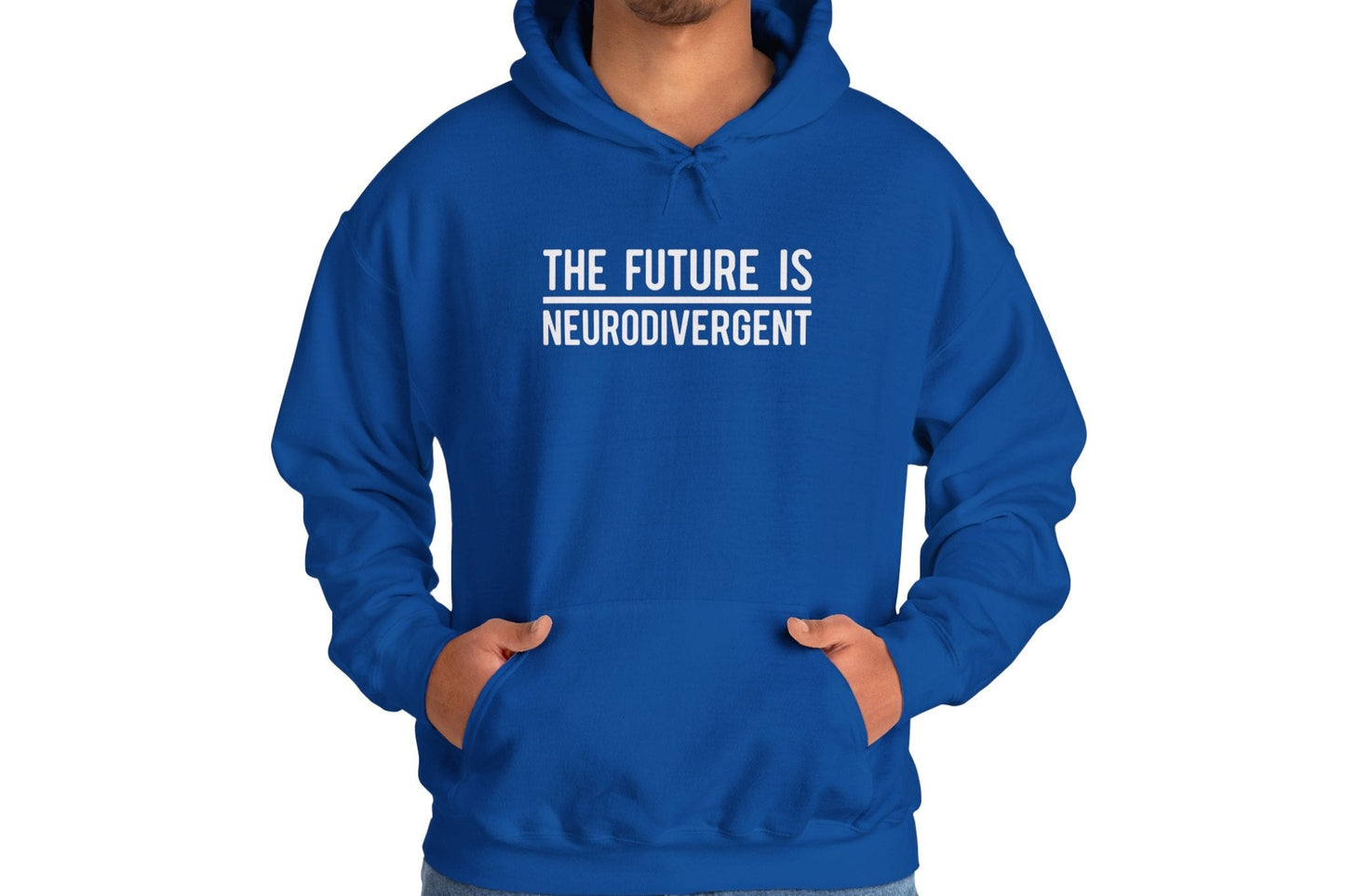 Model wearing a blue hoodie featuring the text "The Future is Neurodivergent" in bold white lettering. Part of the Vivid Divergence Sensory Friendly Unisex Hoodie Range.