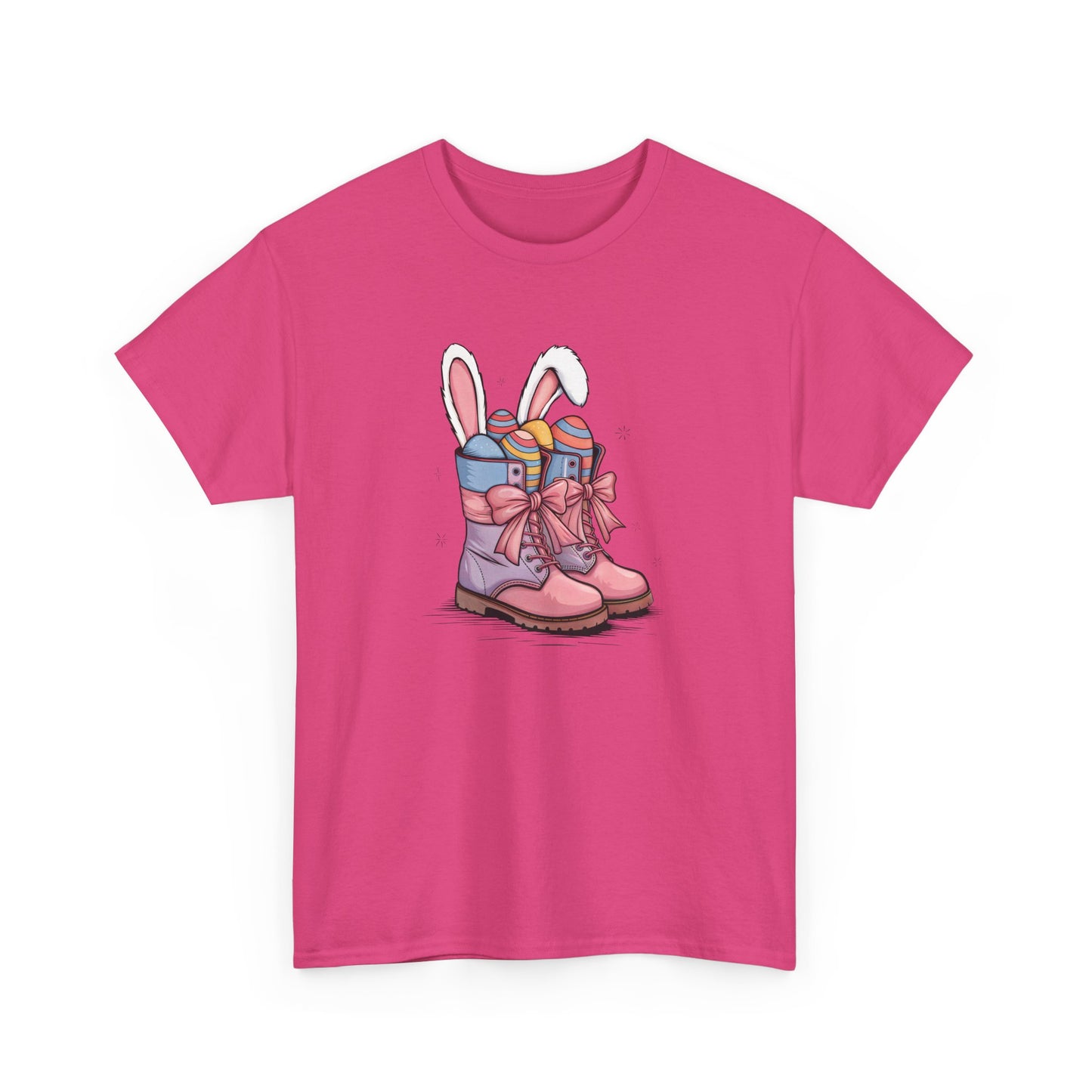 Bright pink Easter T-shirt featuring a cute cowgirl boots design with bunny ears and pastel eggs, a playful and festive look. Hop into the season in style and shop Easter shirts online today!