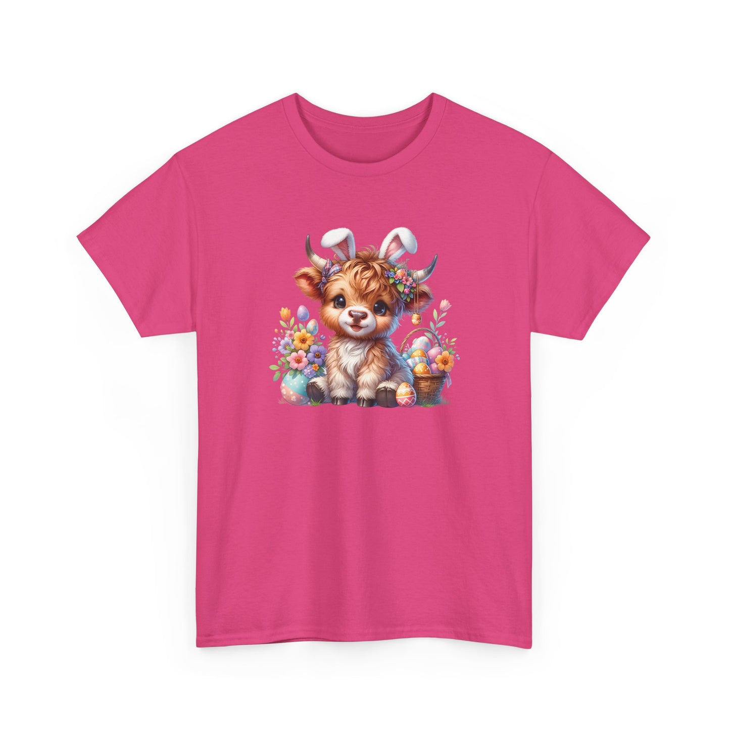 Bright pink Easter T-shirt featuring a Highland cow with bunny ears, surrounded by pastel eggs and flowers, adding a bold touch to Easter fashion. Hop into the season in style and shop Easter shirts online today!