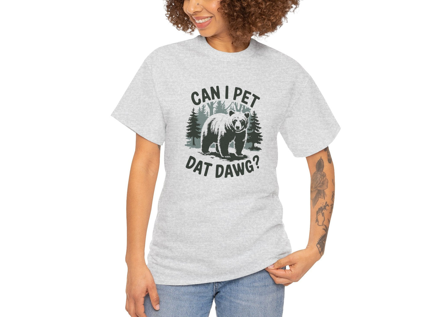 Woman laughing while modeling the Can I Pet Dat Dawg T-shirt with hands on hips. She’s ready to make friends with every dog in sight. Part of the Vivid Divergence Memewear Collection!