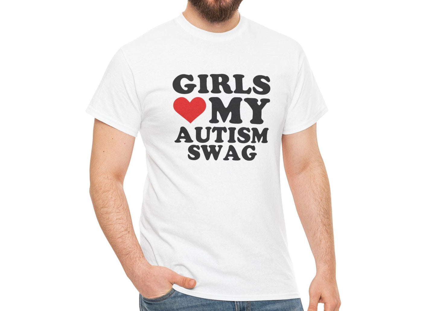 Close-up of a person wearing a white T-shirt with the text "Girls Love My Autism Swag" featuring a red heart design. Part of the Vivid Divergence Sensory Friendly Unisex Tees Range.