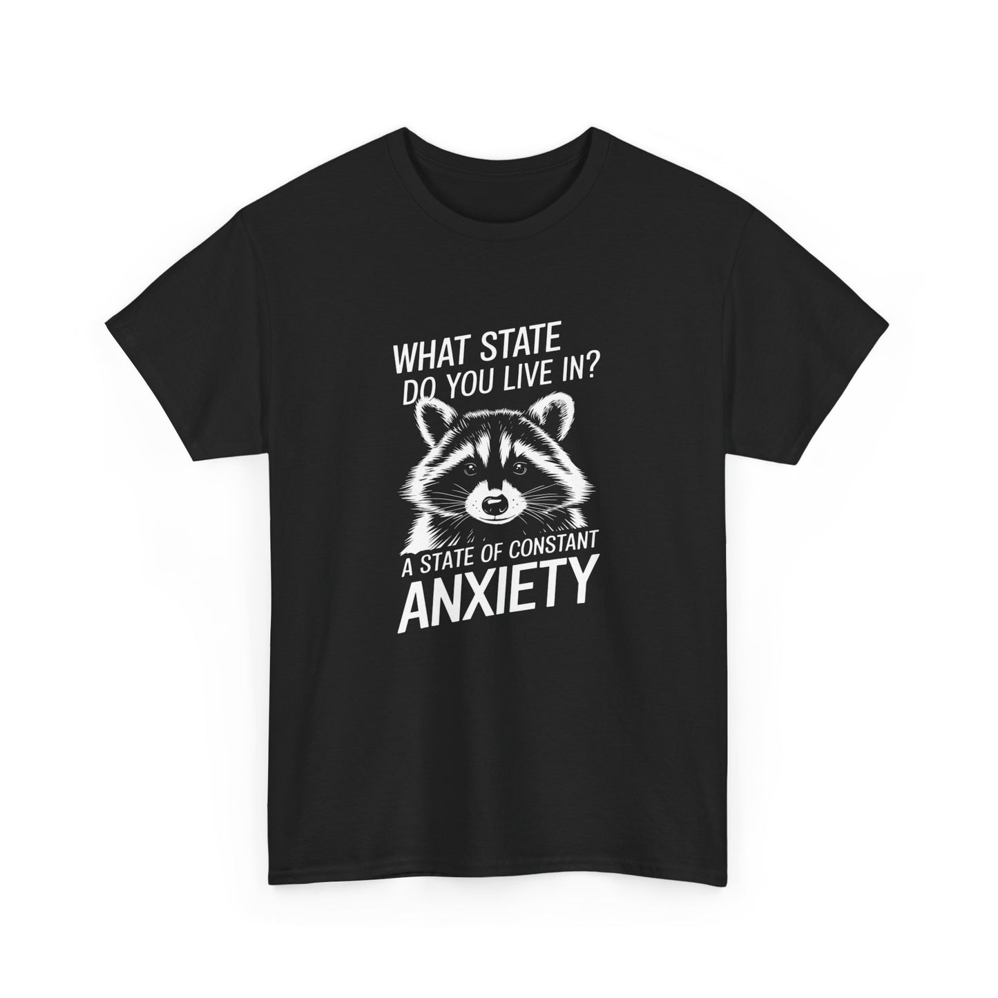Front view of a black T-shirt with a white raccoon graphic and the text "What state do you live in? A constant state of anxiety." Part of the Vivid Divergence Sensory Friendly Unisex Tees Range.