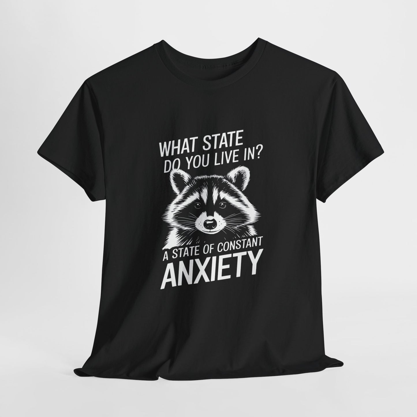 Hanging black T-shirt with a white raccoon graphic and the text "What state do you live in? A constant state of anxiety." Part of the Vivid Divergence Sensory Friendly Unisex Tees Range.