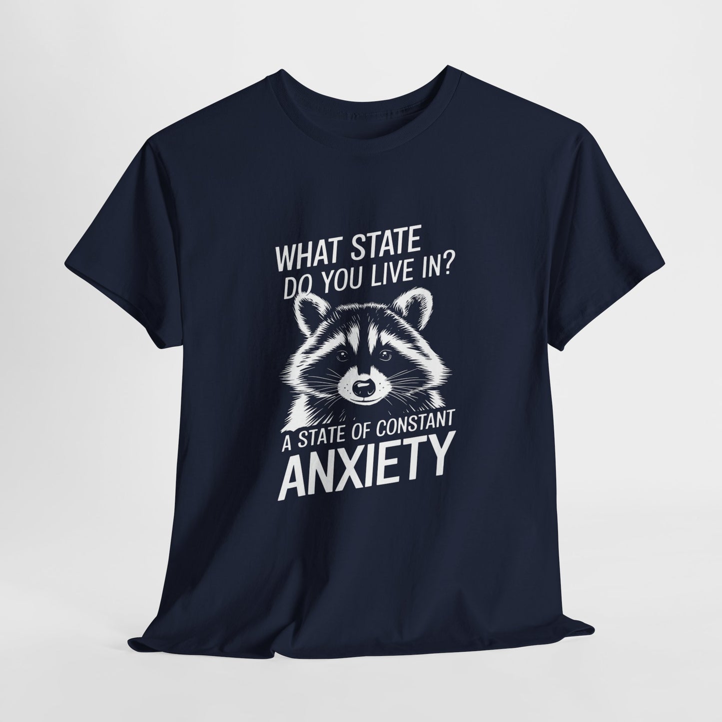 Hanging black T-shirt with a white raccoon graphic and the text "What state do you live in? A constant state of anxiety." Part of the Vivid Divergence Sensory Friendly Unisex Tees Range.