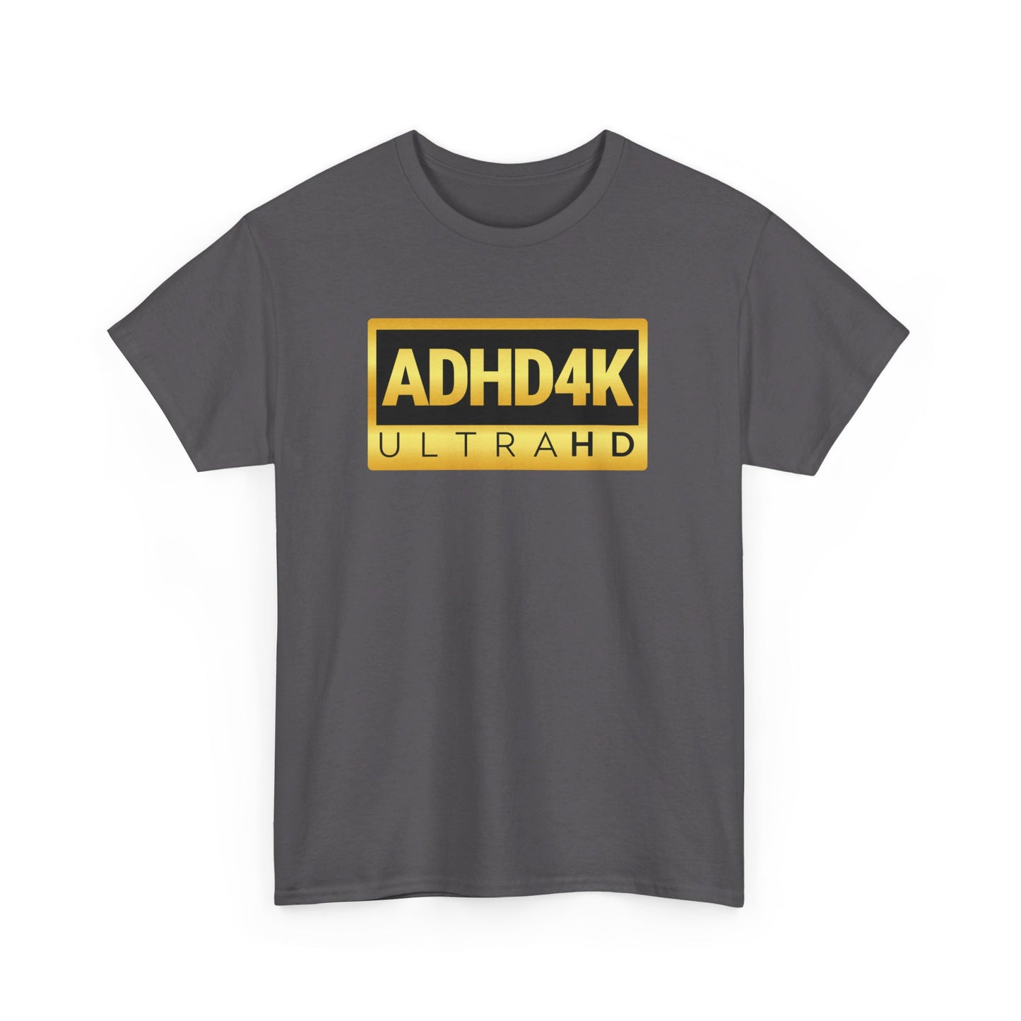 Front view of a dark gray ADHD4K UltraHD T-shirt with yellow and white text. Part of the Vivid Divergence Sensory Friendly Unisex Tees Range.