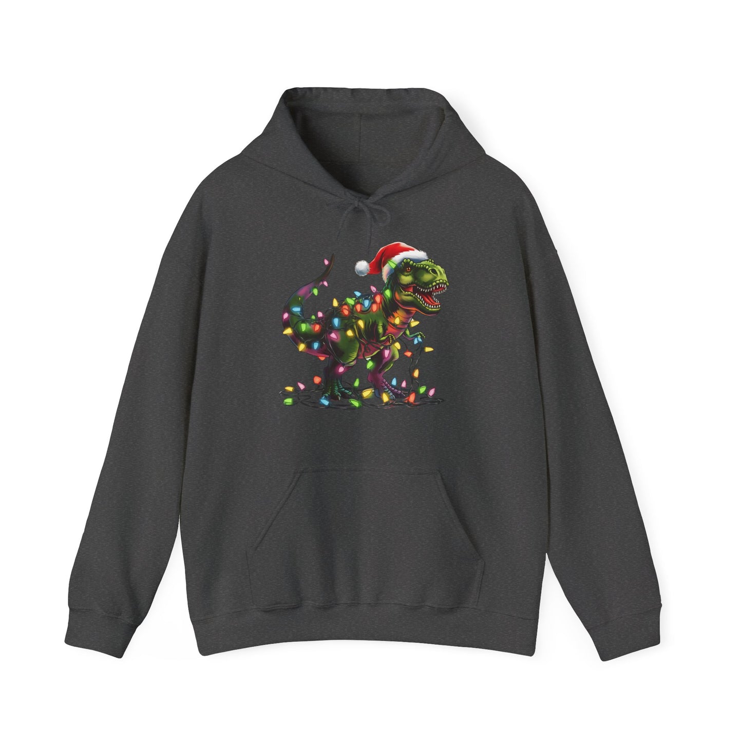 Dark gray hoodie with a playful T-Rex tangled in Christmas lights, wearing a Santa hat. Part of the Vivid Divergence Sensory Friendly Hoodie Range.