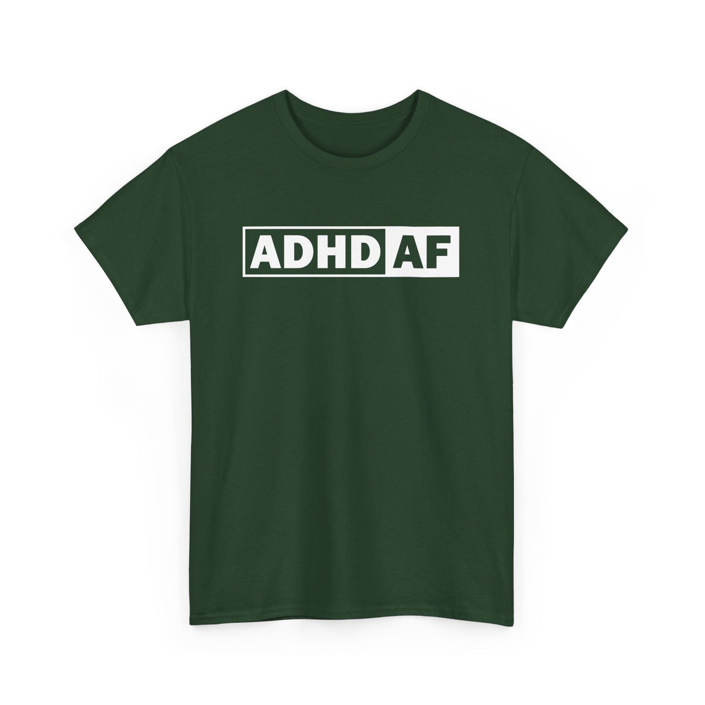Front view of a forest green T-shirt with bold "ADHD AF" text. Part of the Vivid Divergence Sensory Friendly Unisex Tees Range.