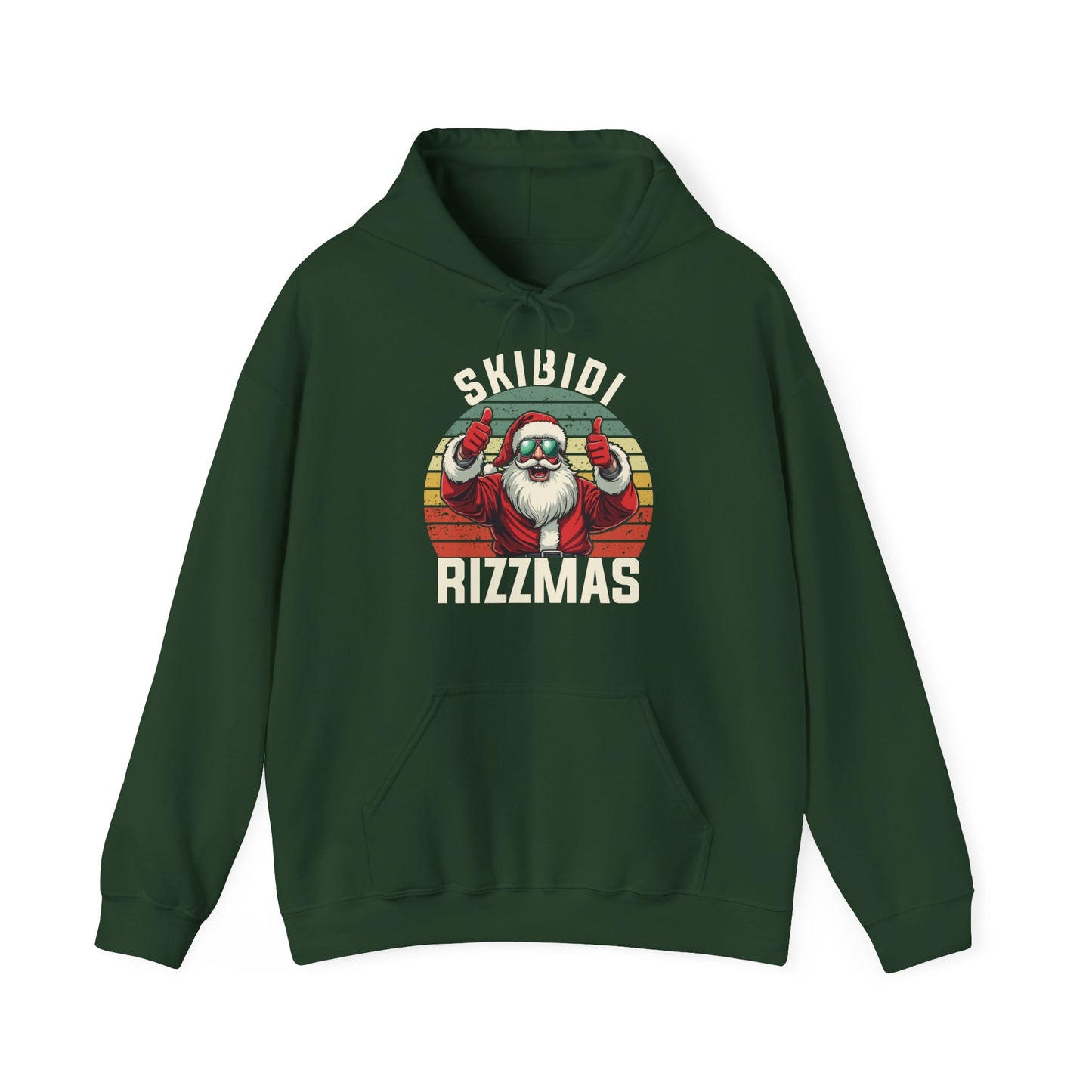 Front view of a forest green hoodie displaying a Skibidi Rizzmas vintage holiday design. Part of the Vivid Divergence Sensory Friendly Unisex Hoodies Range.