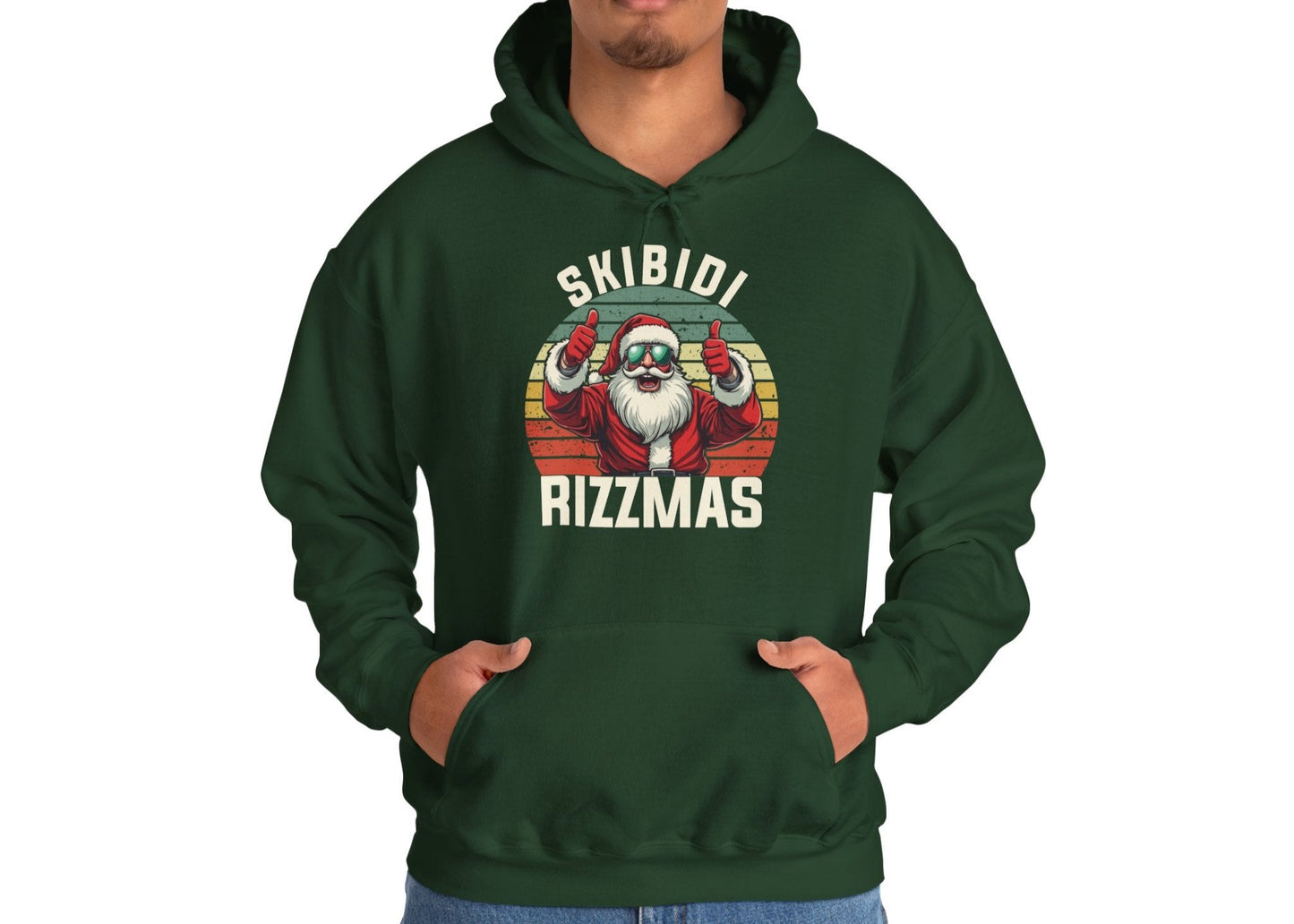 Model wearing a forest green blue hoodie featuring a retro-style Skibidi Rizzmas Christmas print. Part of the Vivid Divergence Sensory Friendly Unisex Hoodies Range.