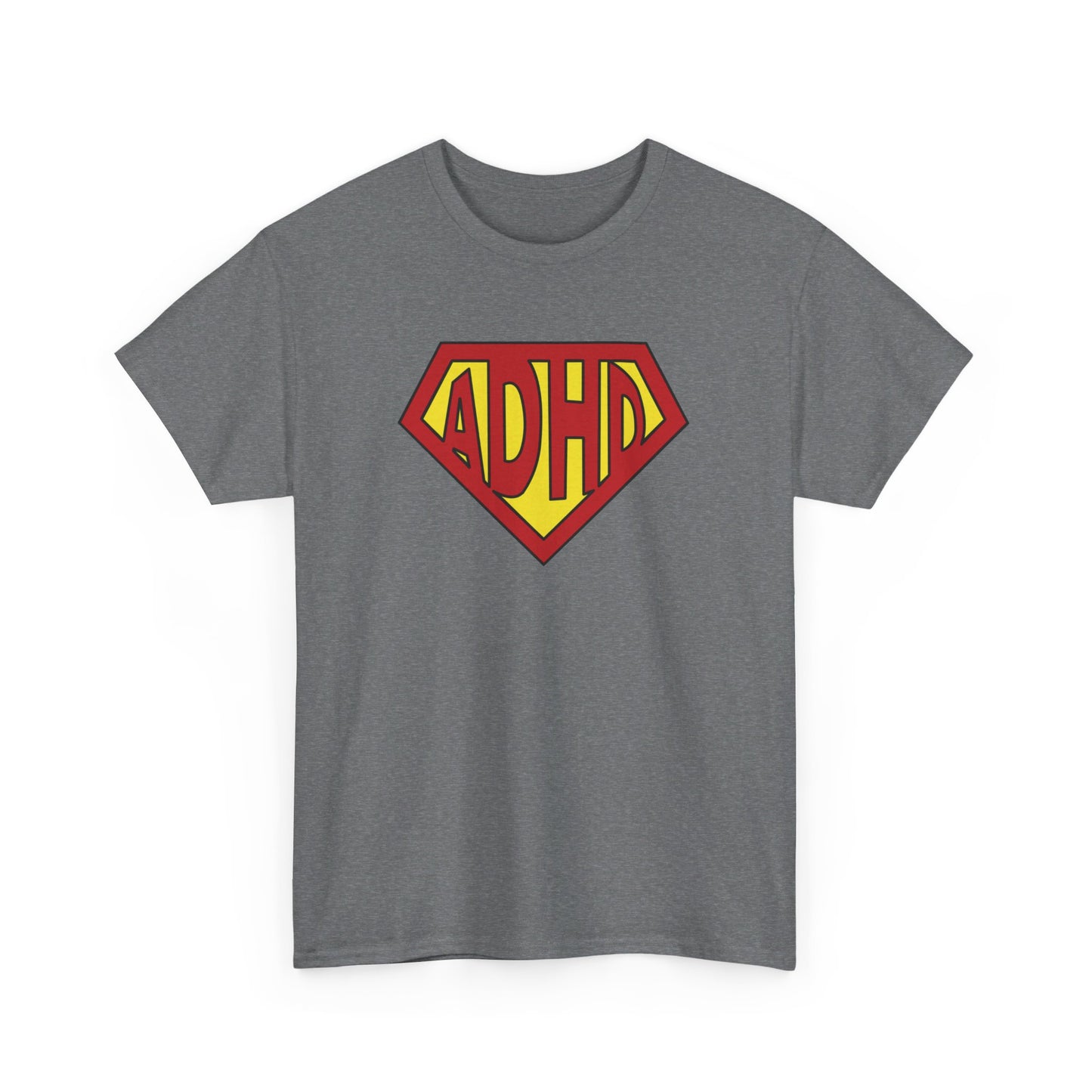Front view of a gray T-shirt with a yellow and red ADHD logo styled in the Superman symbol. Part of the Vivid Divergence Sensory Friendly Unisex Tees Range.