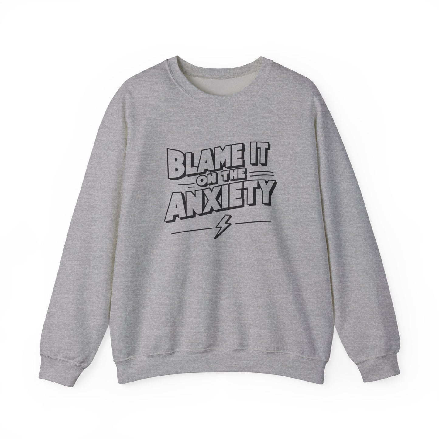 Front view of a gray sweatshirt featuring bold text that reads "Blame It on the Anxiety" with an underline. Part of the Vivid Divergence Sensory Friendly Unisex Sweater Jumper Range.