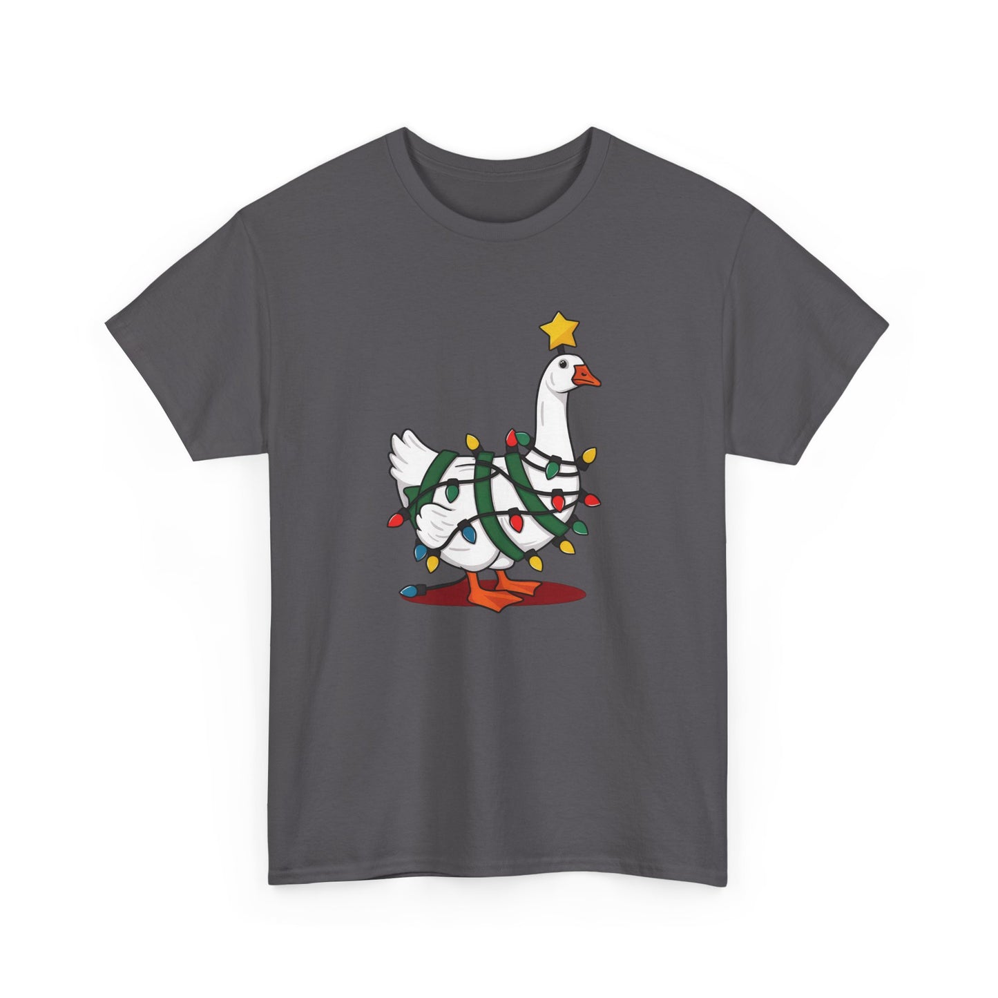 Front view of a gray T-shirt featuring a festive illustration of a goose wearing a Santa hat and stringing Christmas lights, with the text "Goose on the Loose." Part of the Vivid Divergence Sensory Friendly Unisex Tees Range.