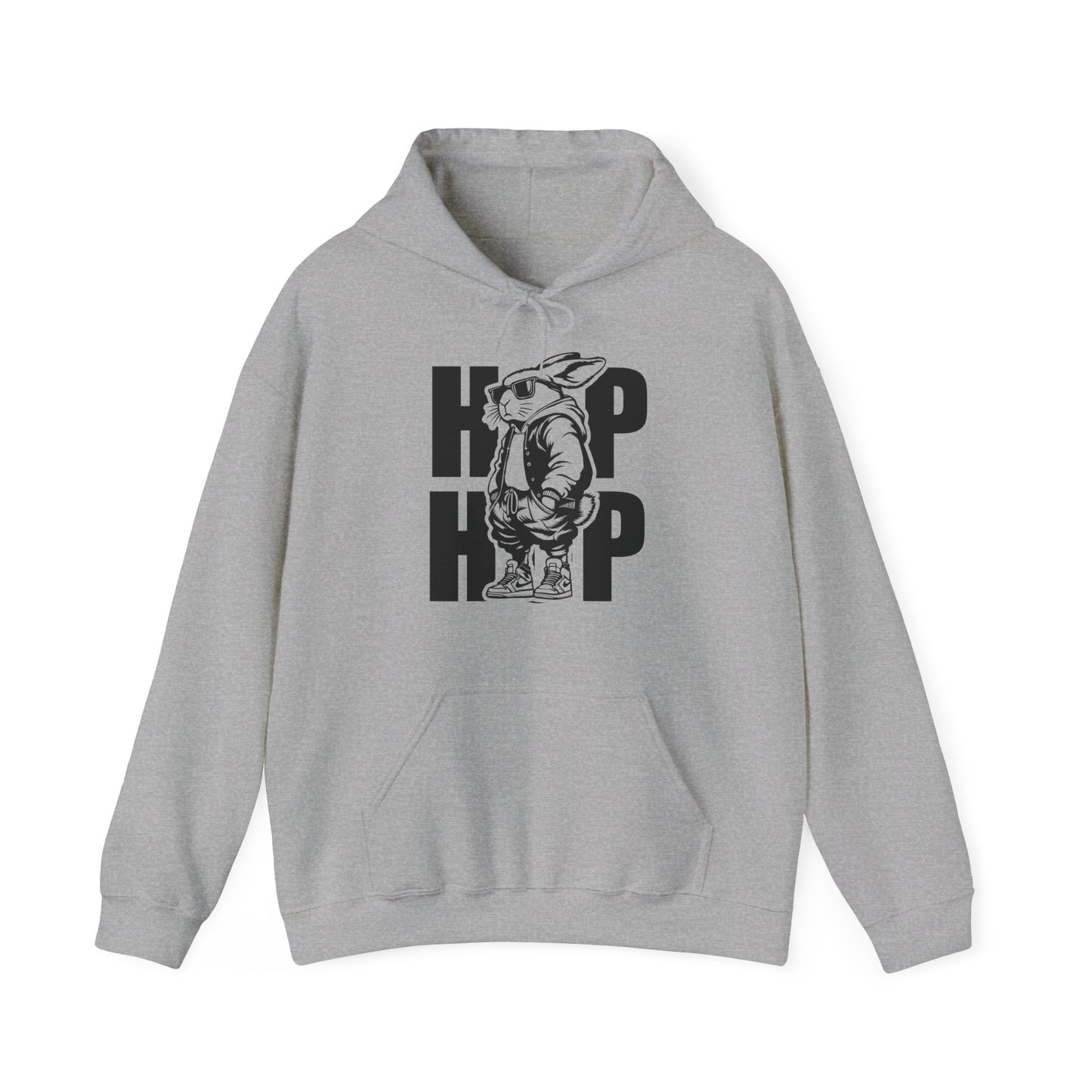 Front view of athletic heather gray hoodie with cool hip hop bunny design. Part of the Vivid Divergence Sensory Friendly Unisex Hoodies Range.