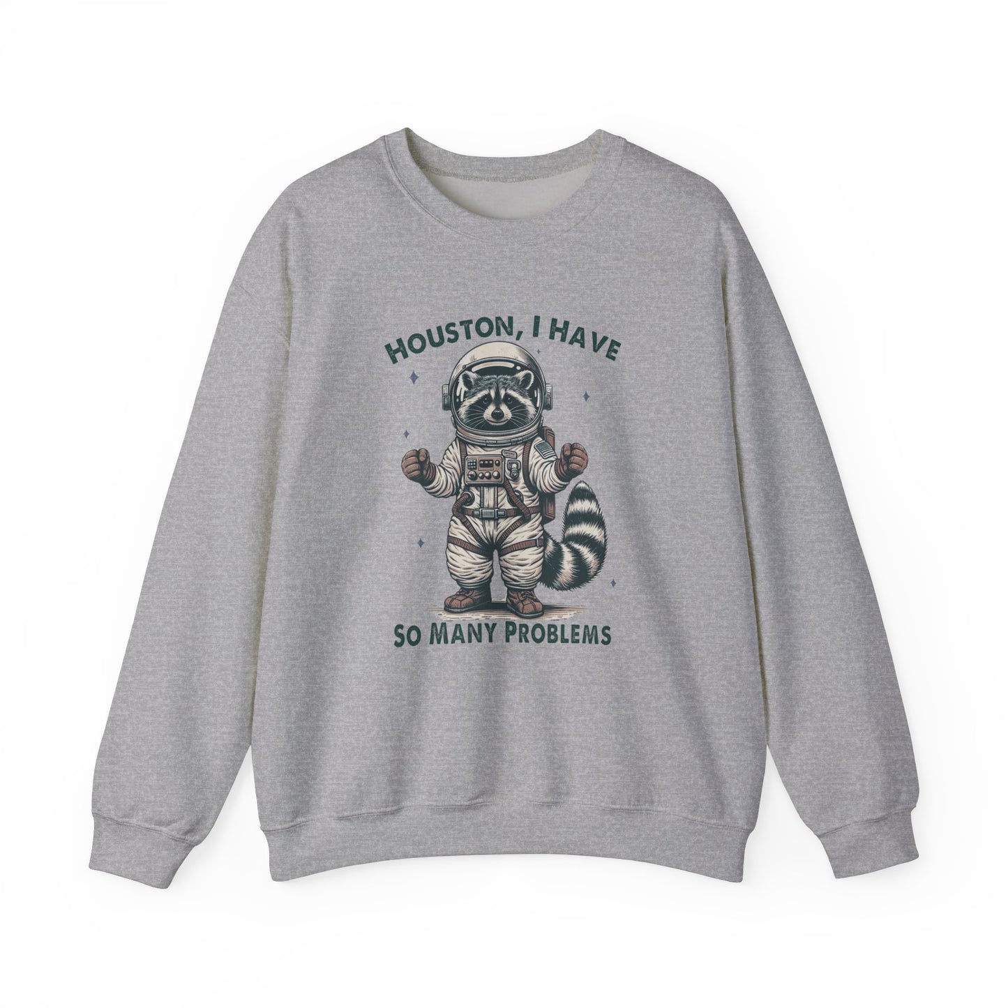 Front view of a gray sweater jumper with the text "Houston, I Have So Many Problems" and a cartoon raccoon illustration holding a striped object. Part of the Vivid Divergence Sensory Friendly Unisex Sweater Jumper Range.