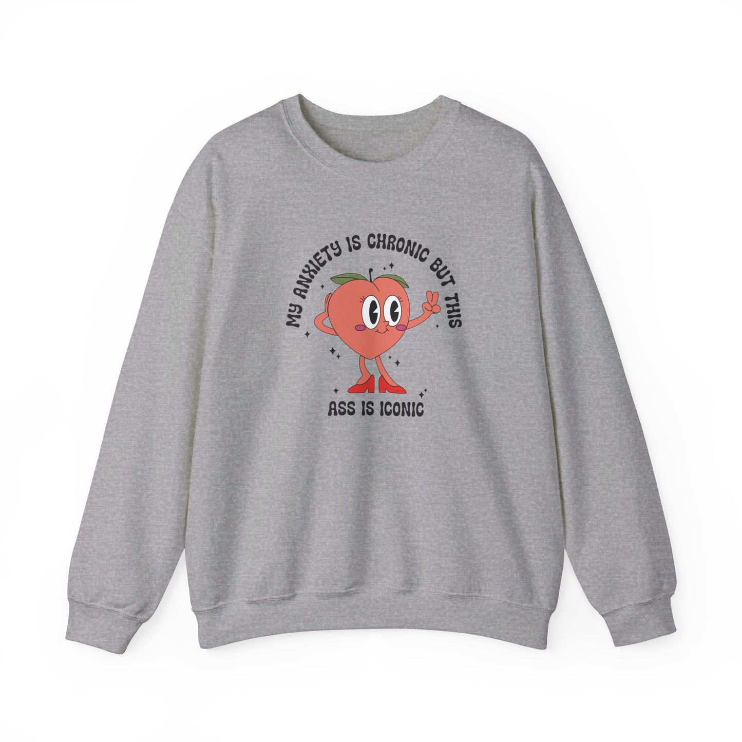 Front view of a gray sweater jumper with the text "My anxiety is chronic but this ass is iconic" and a cartoon peach illustration. Part of the Vivid Divergence Sensory Friendly Unisex Sweater Jumper Range.